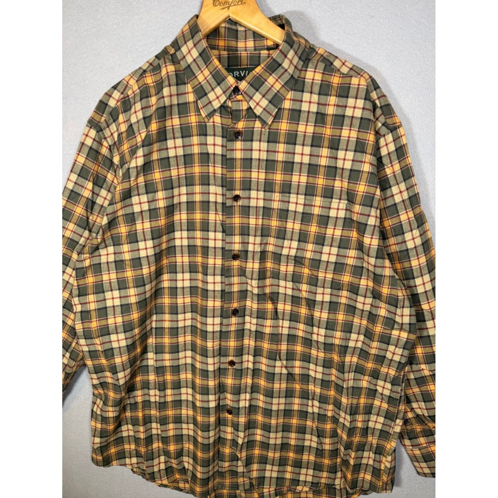 Orvis Mens XL Plaid Button Down Shirt Cotton Wool Blend Green Yellow Soft Fall